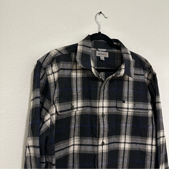 Carhartt Hubbard Flannel Shirt Long Sleeve Black White Blue Plaid Size L Men’s - Picture 2 of 12